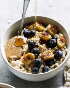 Sticky Rice Porridge with caramelized banana , Organic maple syrup  and Cinnamon Flavoured caramel sauce